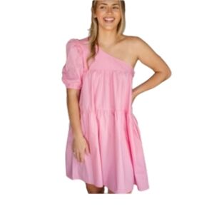 NWT Things Between Pink Cotton Poplin Baby Doll One-Shoulder Dress Size Small